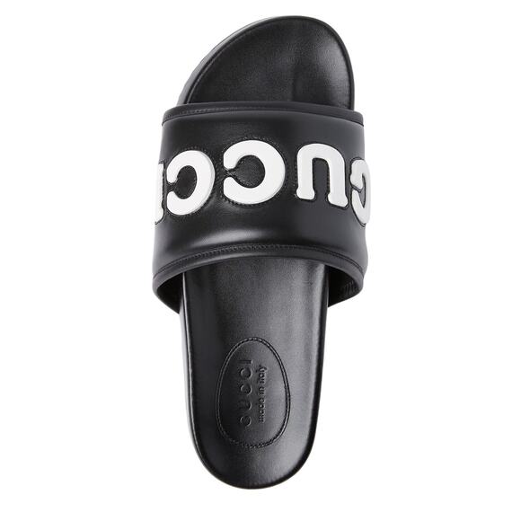 Authentic GUCCI Jumbo Logo Leather Slide Sandals Black Men's Size 8 | US 8.5 NWT - Picture 7 of 14